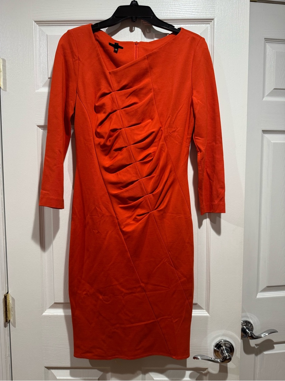 Escada Orange Ruched Sheath Dress with Three-Quarter Sleeves